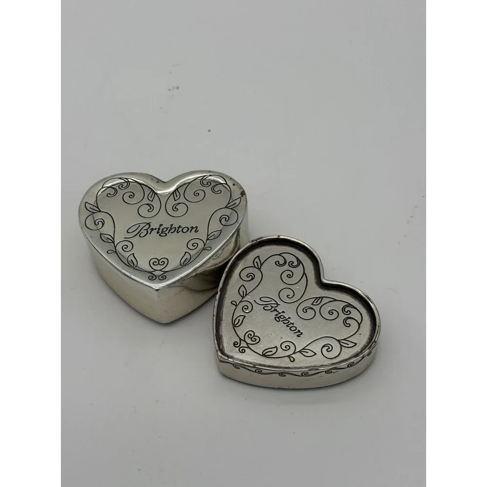 Vintage Brighton Silver Tone Trinket Box Heart Shape Leather Accents Jewelry Box